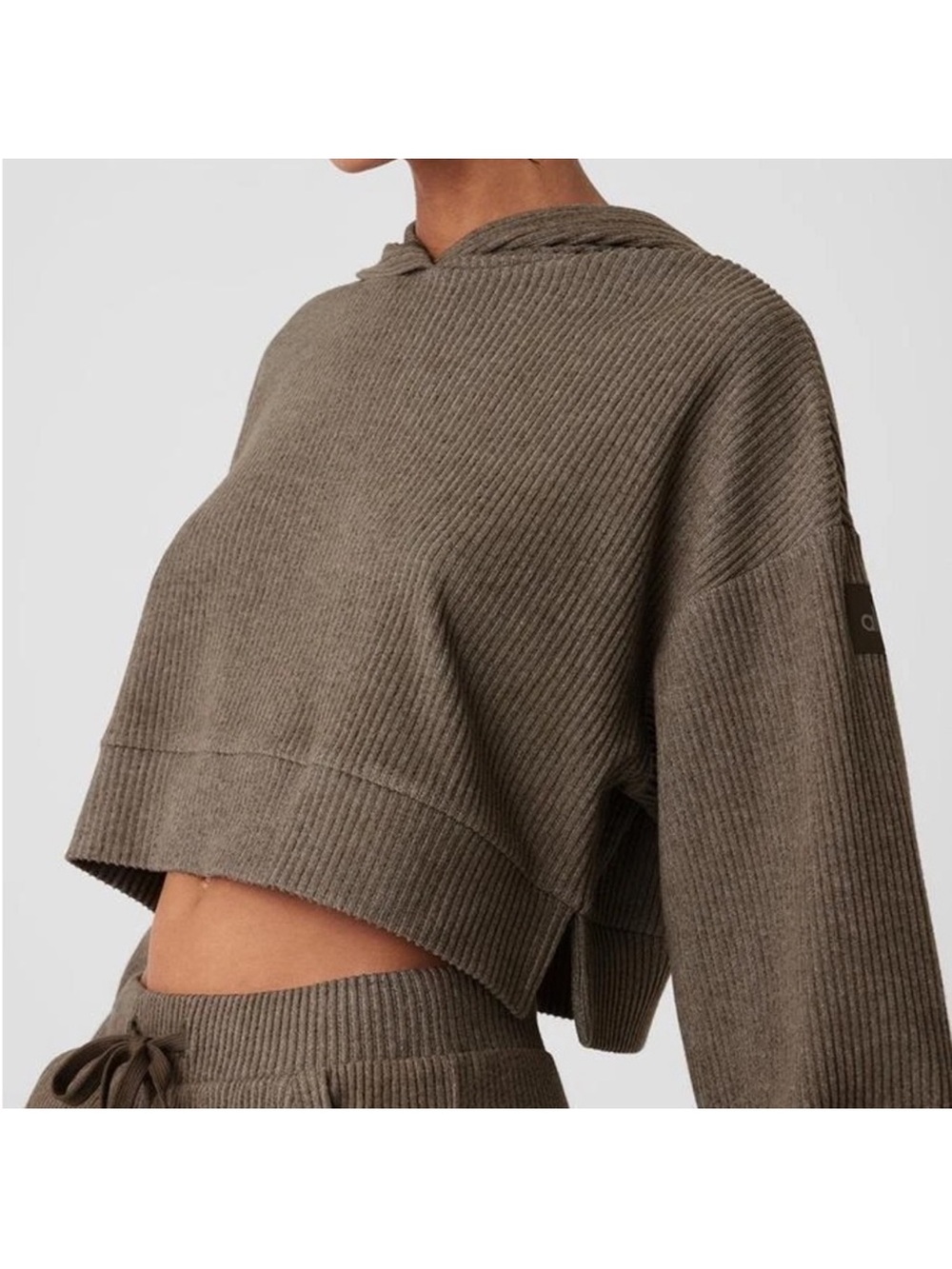 Alo Yoga Muse Cropped Ribbed Hoodie Olive Tree Heather Sz S 4-6 W3438R